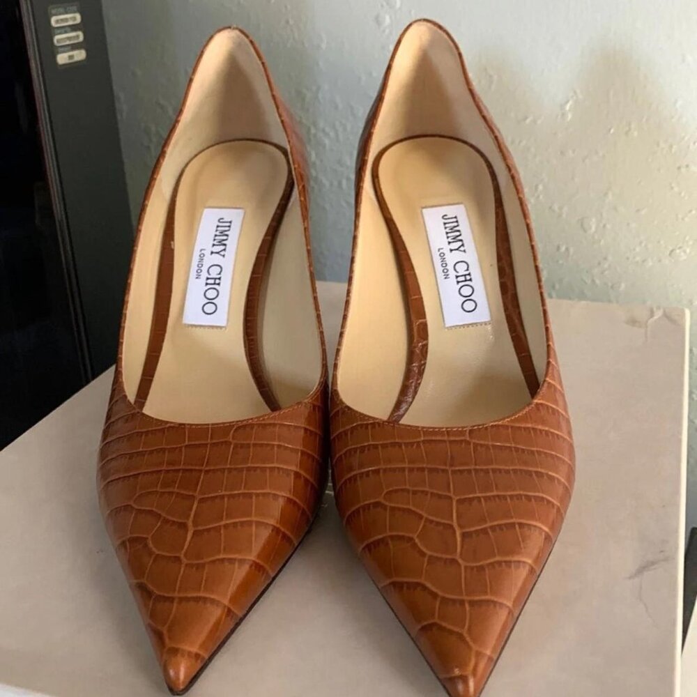 Jimmy Choo Love 85 Brown Croc Embossed Pointed Toe Pumps